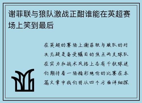 谢菲联与狼队激战正酣谁能在英超赛场上笑到最后