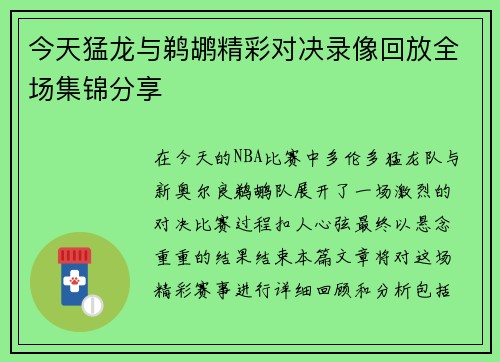 今天猛龙与鹈鹕精彩对决录像回放全场集锦分享