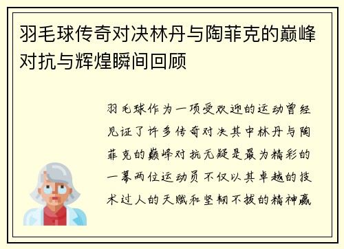 羽毛球传奇对决林丹与陶菲克的巅峰对抗与辉煌瞬间回顾