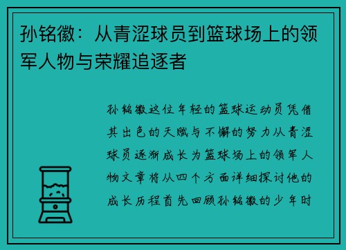 孙铭徽：从青涩球员到篮球场上的领军人物与荣耀追逐者