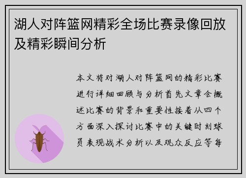 湖人对阵篮网精彩全场比赛录像回放及精彩瞬间分析