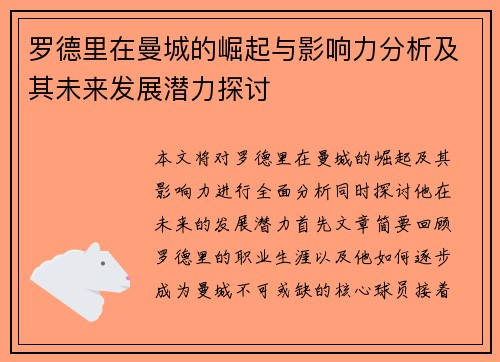 罗德里在曼城的崛起与影响力分析及其未来发展潜力探讨