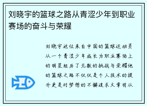 刘晓宇的篮球之路从青涩少年到职业赛场的奋斗与荣耀